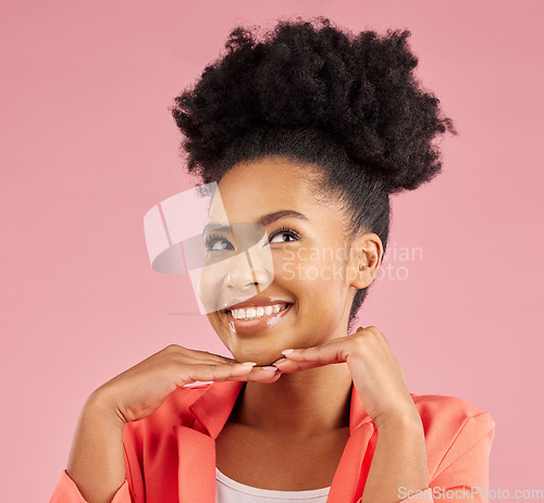 Image of Business woman, happy and thinking in studio with smile feeling excited and proud from advertising job. African female person and pink background with creative employee with professional work