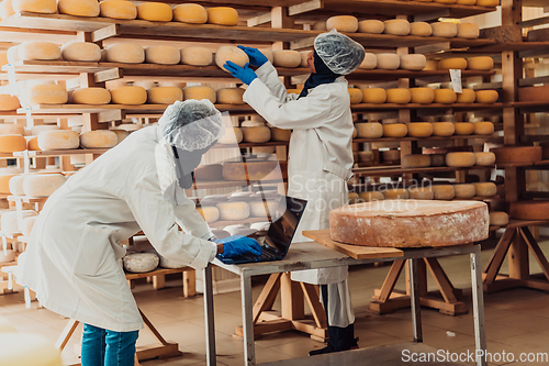 Image of Muslim business partners checking the quality of cheese in the modern industry