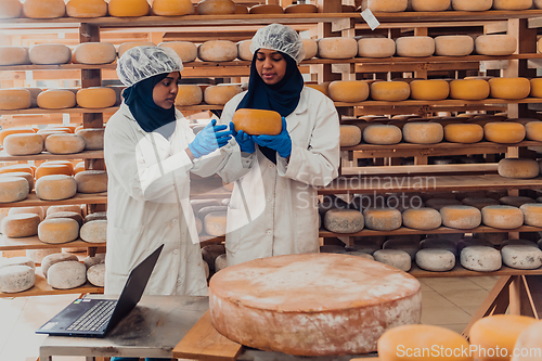 Image of Muslim business partners checking the quality of cheese in the modern industry