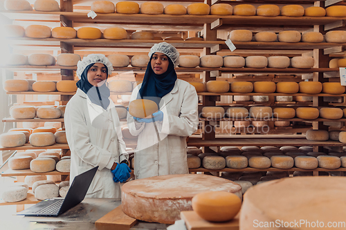 Image of Muslim business partners checking the quality of cheese in the modern industry