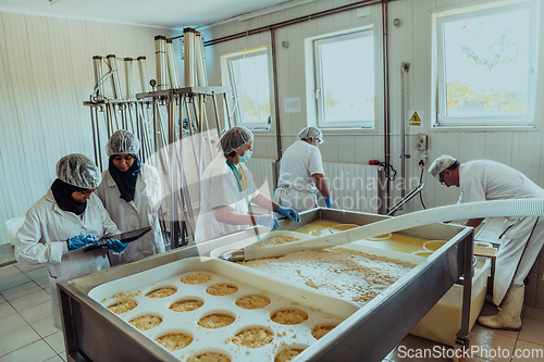 Image of Arab business partners oversee cheese production in modern industry