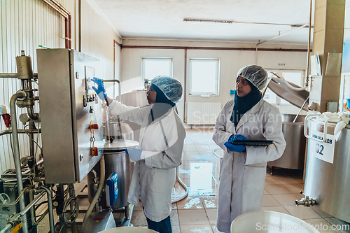 Image of Arab business partners checking the quality of cheese in the industry and enter data into a laptop. Small business concept