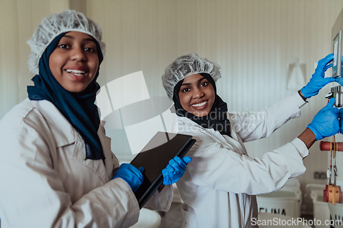 Image of Arab business partners checking the quality of cheese in the industry and enter data into a laptop. Small business concept