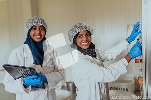 Image of Arab business partners checking the quality of cheese in the industry and enter data into a laptop. Small business concept