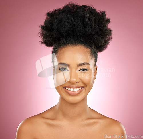 Image of Smile, beauty and portrait of a black woman for skincare, wellness and dermatology. Happy, cosmetics and a headshot of a young girl or model with facial makeup isolated on a pink background in studio