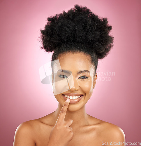 Image of Face, smile and beauty portrait of African woman for skincare, wellness and dermatology glow. Happy, lips and natural cosmetics of a female model with facial shine on a pink background in studio