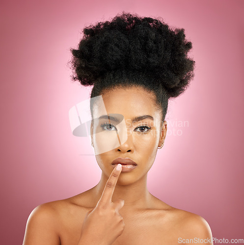 Image of Decision, choice and portrait of a woman in a studio with a natural, glamour and facial routine. Beauty, doubt and headshot of a young female model with cosmetic face isolated by a pink background.