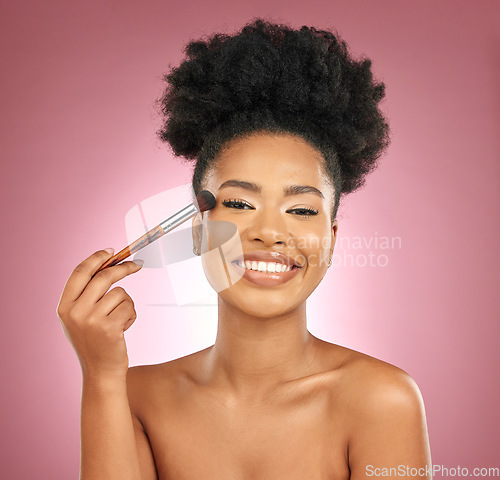 Image of Makeup, portrait and black woman with brushes, facial and grooming against a studio background. Female person, aesthetic and happy model with cosmetic tools, shine and natural beauty with skincare