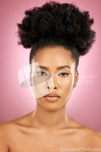 Image of Portrait, skincare and black woman with makeup, dermatology and grooming against a pink studio background. Face, female person and model with cosmetics, shine and glow with natural beauty and luxury