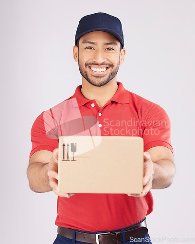 Image of Happy, shipping box or portrait of delivery man in studio with courier service, supply chain package or smile. Asian, white background or worker with distribution, online shopping and mail services