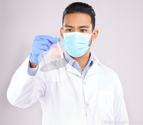 Image of Medical, chemical and man with research, healthcare or sample analysis against a white studio background. Vaccine, male person or scientist with drugs, pharma or chemistry with liquid or development