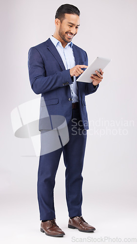 Image of Happy asian man, business and tablet in studio for online planning, data trading and internet info on white background. Corporate trader, digital technology and network connection for app on website