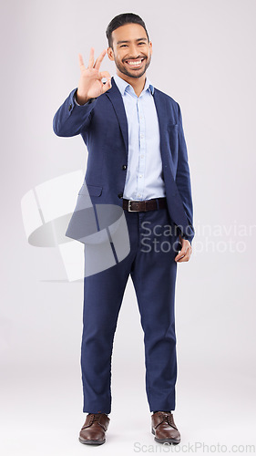 Image of Okay, yes and portrait of business man in studio for support, motivation and achievement. Success, corporate and feedback with male employee on white background for like, emoji and thank you sign