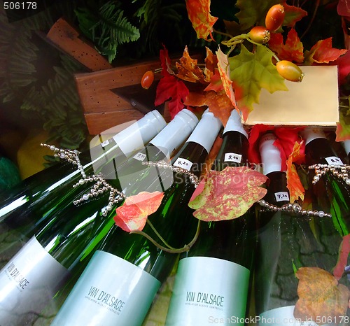 Image of White wines bottles in Alsace region France