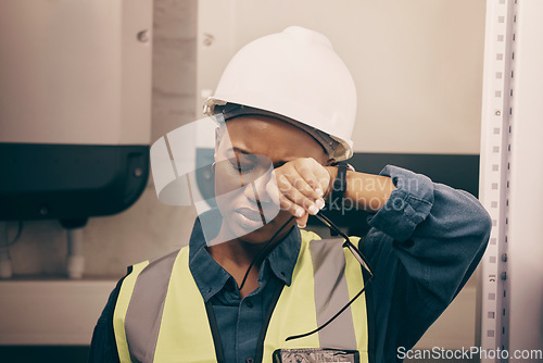 Image of Burnout, engineer and black woman with fatigue, headache and stress with health issue, helmet and overworked. Female person, exhausted employee and architect with medical issue, painful and tired