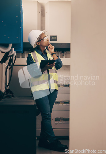 Image of Technician, black woman or thinking on tablet, planning solution or electrical maintenance in control room. Female electrician, digital technology or ideas of industrial power, engineering or service