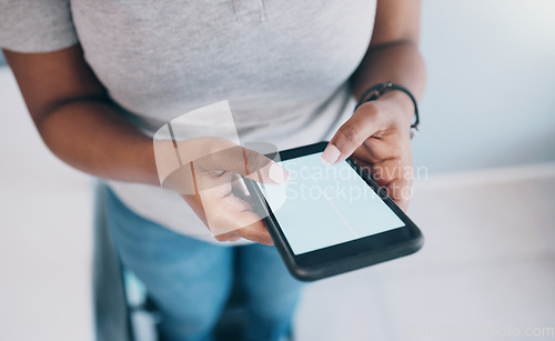 Image of Closeup, hands and woman with a smartphone, screen and typing with social media, connection and search internet. Female person, girl and cellphone with mobile app, website information and chatting