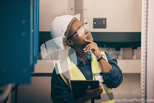 Image of Engineering, black woman or thinking on tablet, planning solution or machine maintenance in control room. Female technician, digital technology or ideas of industrial power, energy analysis or system