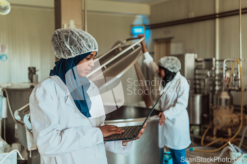 Image of Arab business partners checking the quality of cheese in the industry and enter data into a laptop. Small business concept