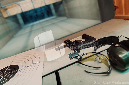 Image of Shooting equipment in front of the target. Pistol, goggles and headphones on the table of a modern shooting range