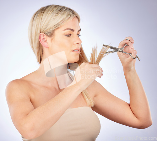 Image of Salon, hair care and woman cutting hair or grooming as diy, beauty and haircut isolated in studio gray background. Person, texture and female model trim tips for hairstyle with a change and growth