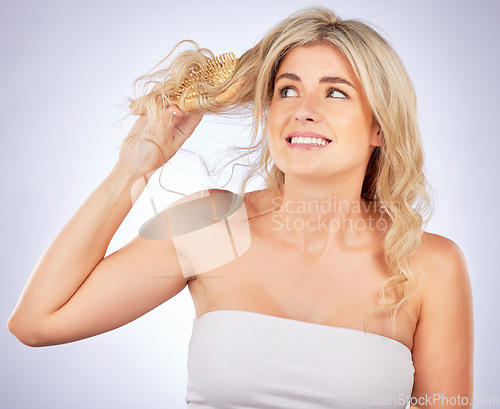 Image of Hair, brush and tangle with woman and beauty, problem and salon hairstyle disaster isolated on white background. Haircare stress, female model and treatment fail with damage and mistake in studio