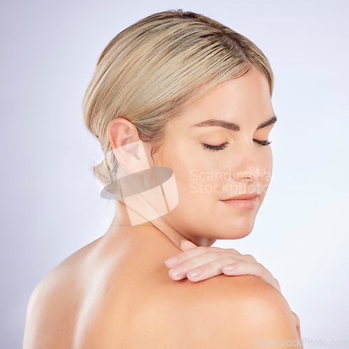 Image of Beauty, studio face and woman relax with facial cleaning routine, soft skincare glow or natural cosmetics treatment. Spa, dermatology or person with self love, wellness or makeup on white background