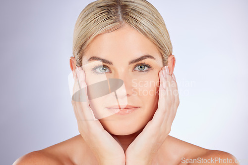Image of Beauty, studio portrait or woman touch facial results, natural skincare glow or luxury cosmetic treatment. Satisfaction, foundation or person with self love, care or makeup on white background