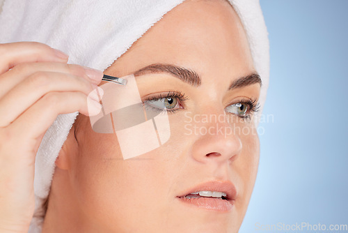 Image of Face, beauty and woman with tweezers for eyebrow in studio, blue background and aesthetic change. Closeup of female model, epilation tools and hair removal for grooming brows, facial skincare or glow