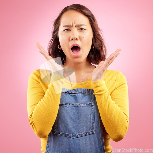 Image of Wow, portrait and surprise, woman in studio with shocked face for deal announcement, sale or promo on pink background. Excited facial expression, gesture or emoji for asian girl in casual fashion.