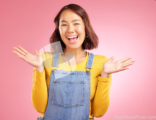 Image of Happy, celebration and yes with portrait of woman in studio for party, winner and motivation. Wow, freedom and prize with face of person cheering in pink background for success, bonus and excited