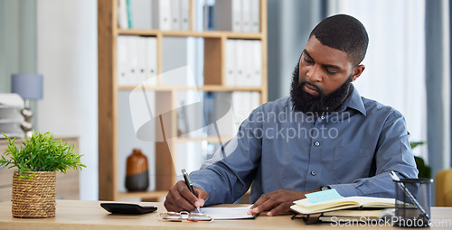 Image of Working, black man and planning finance or budget with documents or writing on paper, checklist or accounting in home. Tax, audit or businessman with remote work in office with financial accountant