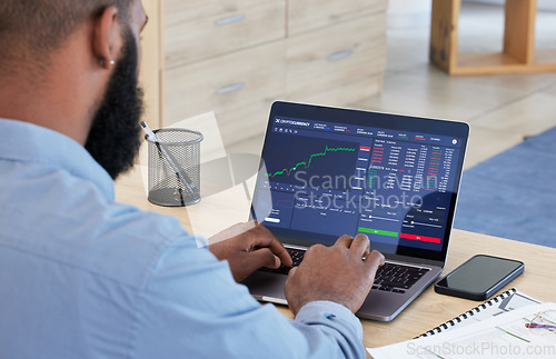 Image of Laptop, finance and stock market with a man broker working in his office for trading investment or growth. Computer, financial and economy with a male trader banking or accounting in the workplace