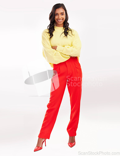 Image of Happy, fashion and portrait of Indian woman with crossed arms in studio with confidence, happiness or pride. Smile, business and female person in trendy clothes, style and clothes on white background