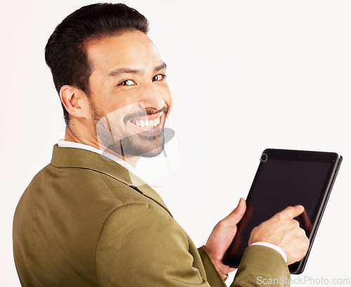 Image of Portrait, business man and tablet mockup on screen in studio, white background or search stock market trading information. Face of happy asian trader, digital technology or internet space of app data