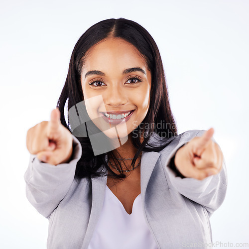 Image of Portrait, business woman and pointing to you in studio, white background and hands for choice of decision, winner and opportunity. Happy female male model, finger emoji and hiring for recruitment