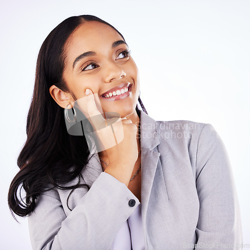 Image of Happy business woman, thinking face and ideas in studio, white background and vision of mindset, planning and future inspiration. Female worker daydream of decision, remember memory and solution