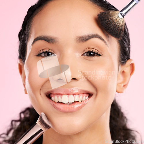 Image of Foundation, makeup and brush with portrait of woman in studio for beauty, cosmetics and facial. Skincare, health and self care with female model on pink background for dermatology, glow and product
