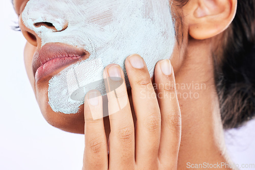 Image of Beauty, skincare and facial with closeup of woman in studio for spa treatment, cosmetics and dermatology. Self care, detox and product with face of female model on background for clay mask and glow