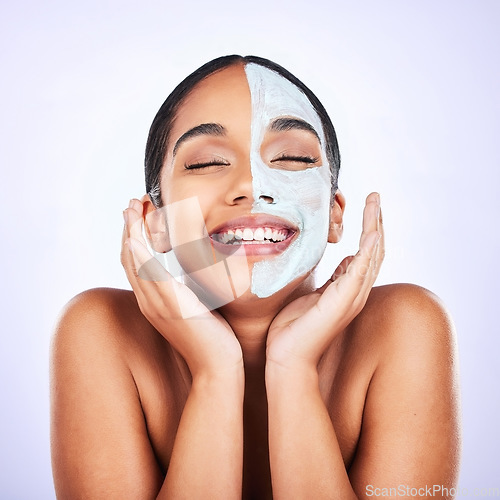 Image of Face mask, smile and woman in studio with skincare, results and dermatology wellness on grey background. Facial, comparison and female with half beauty, routine and clay product for skin exfoliation