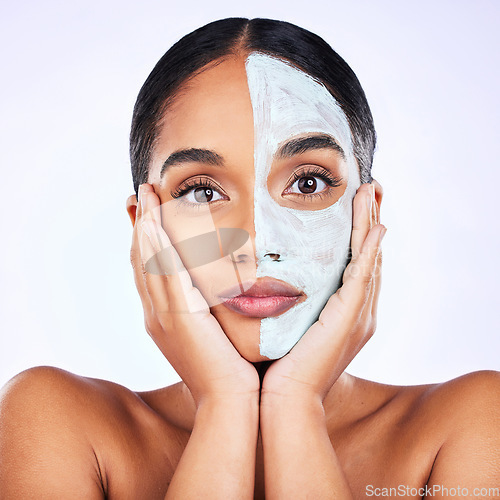 Image of Face mask, portrait and woman in studio skincare, half and cosmetic treatment on grey background. Facial, dermatology and lady wellness model with cream, comparison or result, beauty and satisfaction