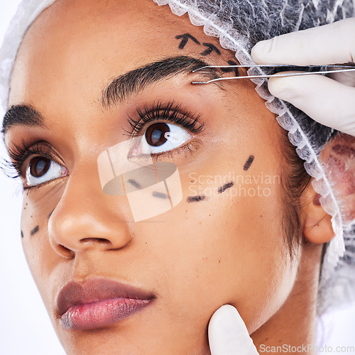 Image of Plastic surgery, beauty and dermatology with face of woman in studio for filler, skincare and collagen. Spa treatment, medical and cosmetics with person on white background for facial and anti aging