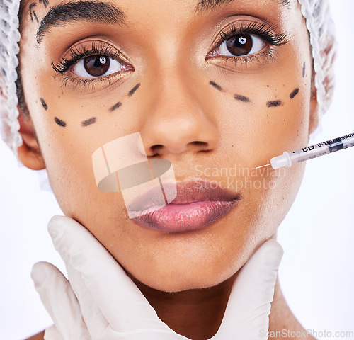 Image of Plastic surgery, beauty and injection with portrait of woman in studio for lip filler, skincare and collagen. Spa treatment, medical and cosmetics with face of person on white background for facial