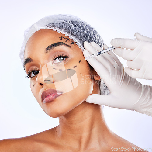 Image of Plastic surgery, collagen and injection with portrait of woman in studio for hyaluronic acid, skincare and beauty. Spa, medical and cosmetics with face of model on white background for facial fillers