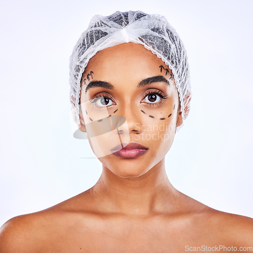 Image of Plastic surgery, beauty and cosmetics with portrait of woman in studio for lip filler, skincare and collagen. Spa treatment, medical and dermatology with face of person on white background for facial