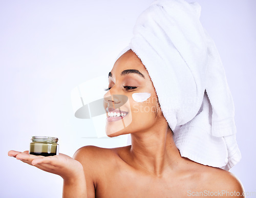 Image of Skincare, studio face and happy woman with cream container for facial hydration, beauty care or collagen skin glow. Cosmetics lotion product, bathroom or morning treatment person on purple background