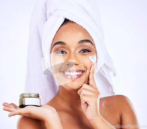 Image of Beauty shine, portrait or happy woman with cream container for skincare, facial hydration or spa product results. Bathroom cosmetics, face moisturizer or morning treatment person on purple background