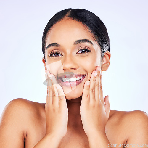 Image of Portrait, beauty and happy with a model woman in studio on a gray background for natural wellness. Smile, skincare and aesthetic with the face of a young person closeup for luxury or cosmetics