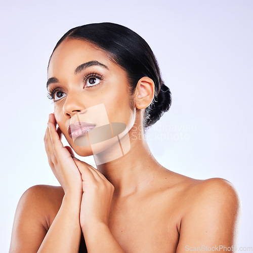 Image of Thinking, glow and woman with skincare, dermatology or self care against a white studio background. Female person, wellness or model with cosmetics, bare or ideas with aesthetic, decision or wellness