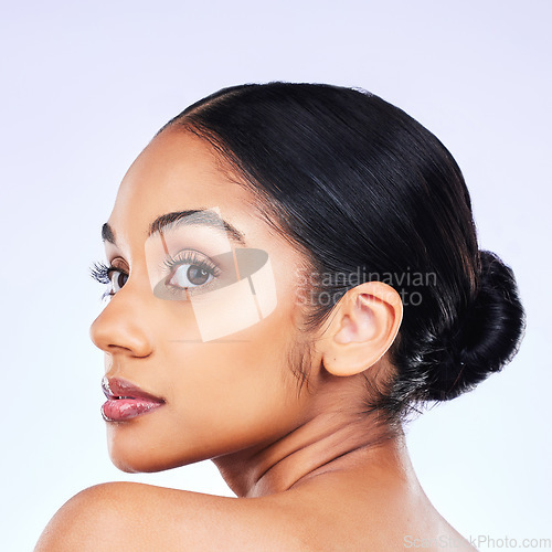 Image of Thinking, hair care and woman with cosmetics, beauty and dermatology on a white studio background. Female person, texture or model with wellness, bare and decision with aesthetic or natural treatment